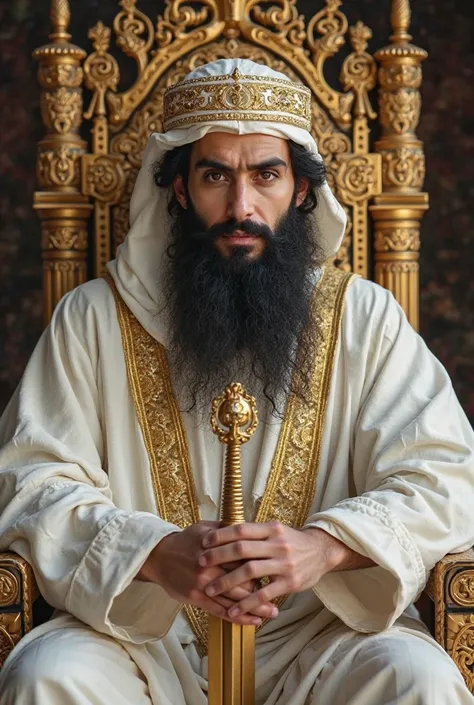 Please generate a photo of a white adult man muslim king with a long hair to the ear and long beard more the one fist with dark hair and dark beard and brown eyes sitting and a throne with muslim white taqiyah cap muslim and with muslim clothes all white s...