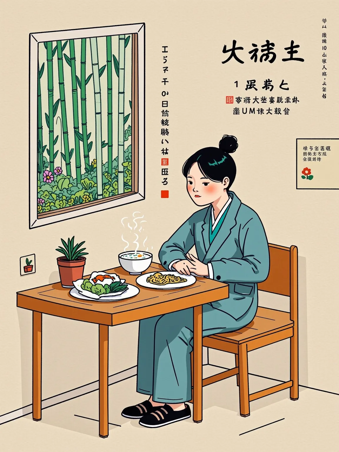 (Q version style, book cover decoration, moonlab_studio style, thick line strokes, Graffiti, Minimalism), Chinese ink painting style, vibrant colors, ink smudges, rice paper texture, white space art. The main subject is a tired person sitting at a wooden t...