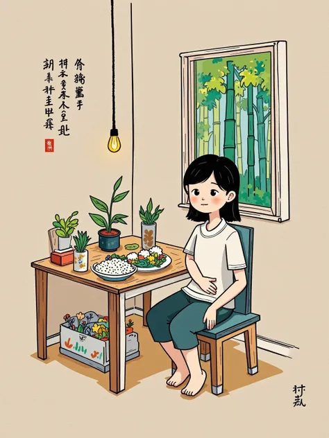 (Q version style, book cover decoration, moonlab_studio style, thick line strokes, Graffiti, Minimalism), Chinese ink painting style, vibrant colors, ink smudges, rice paper texture, white space art. The main subject is a tired person sitting at a wooden t...