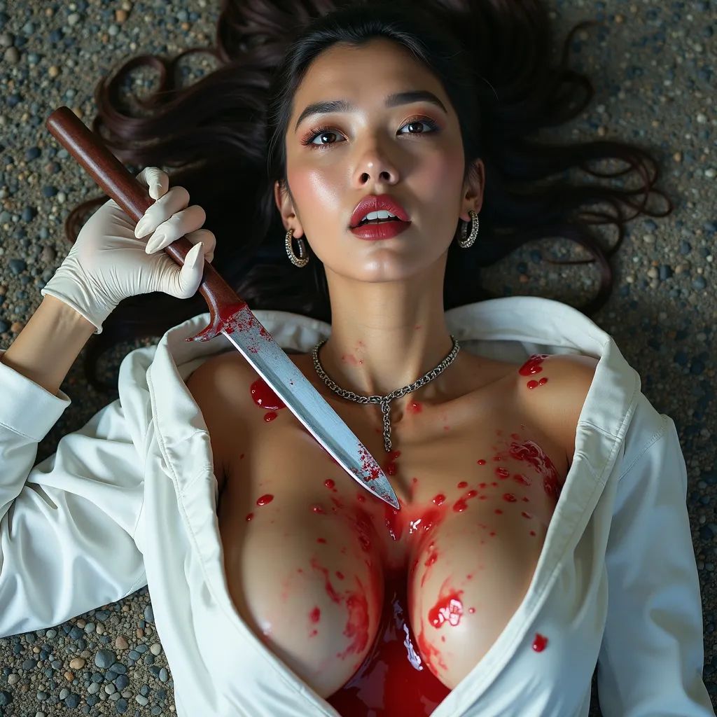 Gorgeous asian woman, with ponytail, hoop earrings, choker, huge oversized perky breasts that have red liquid covering her nipples that barely covers her breasts with white lab coat over it that's been ripped open. She is lying on her back of floor of grav...