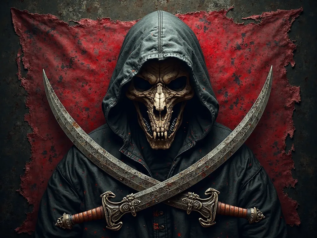 A menacing black and red pirate flag featuring a hooded dragon skull with deep shadows obscuring parts of its face, blackened eyes peering from beneath the hood. The skull has sharp, pronounced features, withfands, with cracks and battle-worn texture. Belo...