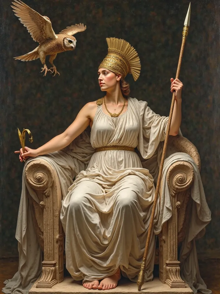 Athena enthroned. Style is oil painting by Da Vinci. She is shown in monumental perspective. An owl flies to her. She wears a tall crested corinthian helmet and carries a spear and an aspis. Her spear is held high. The classical Greek throne features swans...