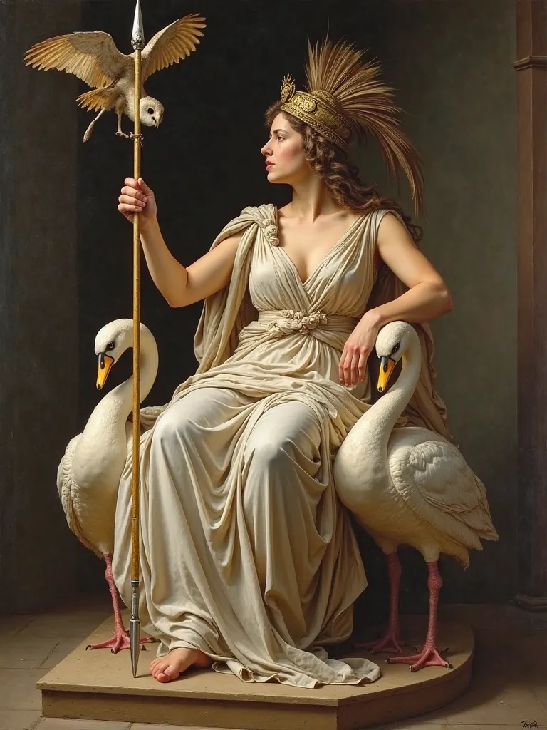 Athena enthroned. Style is oil painting by Da Vinci. She is shown in monumental perspective. An owl flies to her. She wears a tall crested corinthian helmet and carries a spear and an aspis. Her spear is held high. The classical Greek throne features swans...