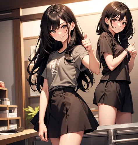 medium hair, shoulder length, black hair, hair between eyes, looking at the camera, short-sleeved shirt, mini skirt, thumbs up, smile, happy, in the room, 15years old, cowboy shot, brown eyes, japanese