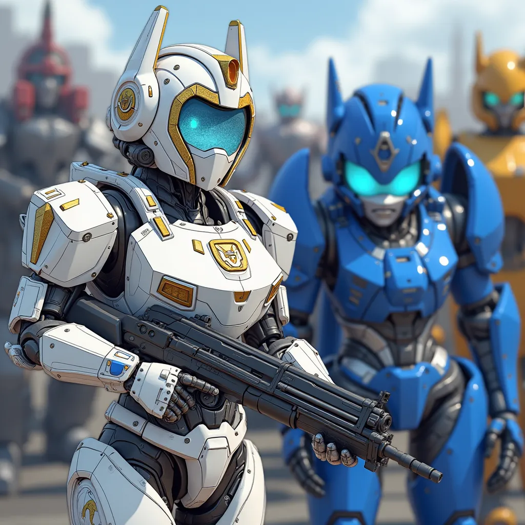 She is a military robot with a gun, white and gray and gold eyes. She is from the Transformers group. And she is a blue and blue robot with blue eyes. She is from the Transformers group. White robot saves lives. Blue robot is a cartoon image. The backgroun...