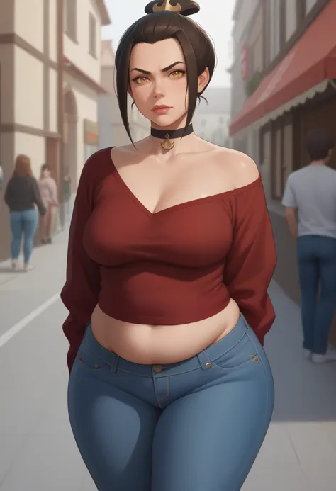 Azula, amber eyes. wavy dark brown hair strands above her shoulders. small breasts. huge hips. chubby. |  choker, huge breasts chubby mother and skinnysmall breasts femboy daughter , trimmed jacket, tsirt. jeans, cowboy shot, dutch angle, public indecency,...