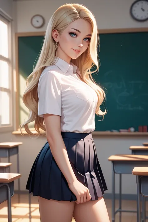 Beautiful Girl、 Blonde High School Girl、white shirt、black pleated skirt、Smelly feet