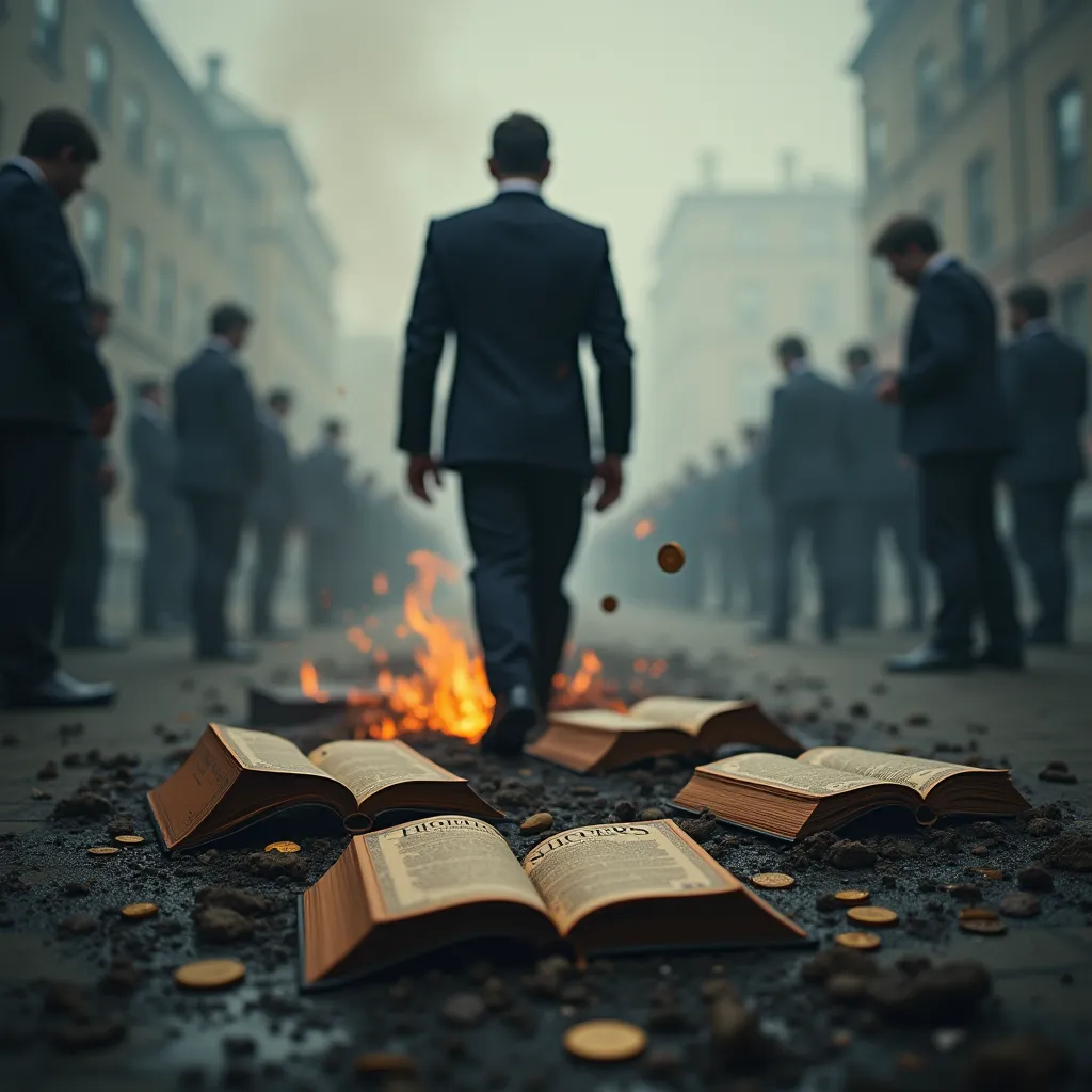 A surreal scene: in the foreground are self-help books with flashy headlines (“The secret of success”, “10 magic habits”), but they're burning in the fire. In the center is the dark figure of a man in an expensive suit, that quietly steps forward, not payi...