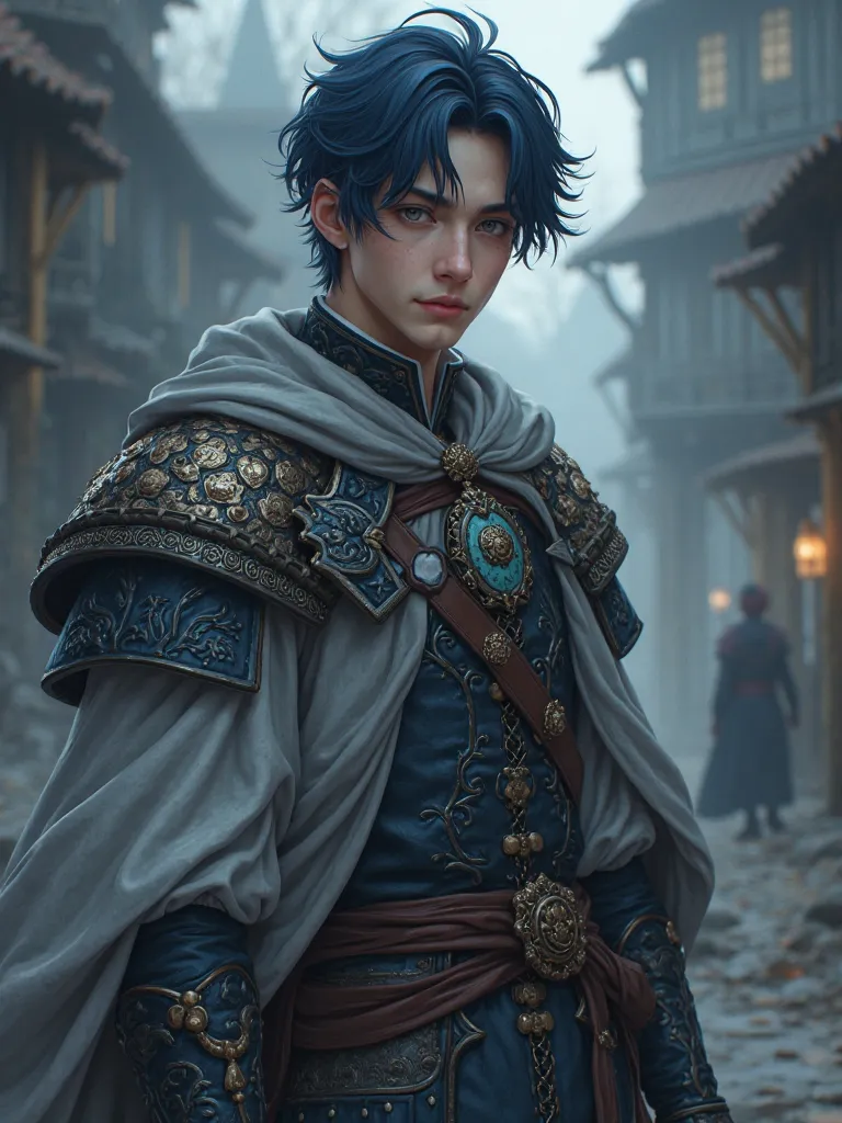  Anime boy.25 years old.of 1.80m. hair with black eyes, dark blue hair..with gray medieval clothes 