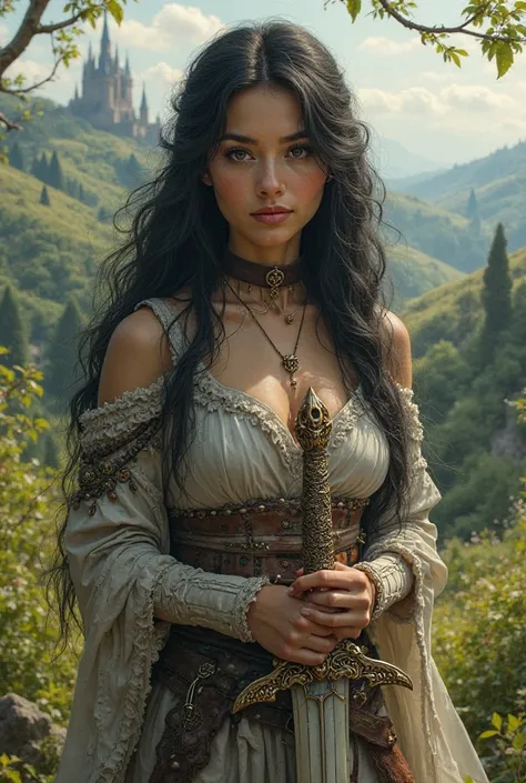 Beautiful woman with a rounded face dark brown eyes, long black hair, with light armor and a sword with a dragon handle in a medieval landscape 