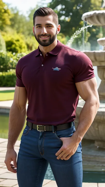 Handsome muscular man with a beard , Strong and muscular legs, large lump, artwork,  smiling,  Super sexy in burgundy jeans and polo shirt with black stripes Ultra realistic masterpiece of 8k Great detail next to a fountain Super muscular , sexy ,  in the ...