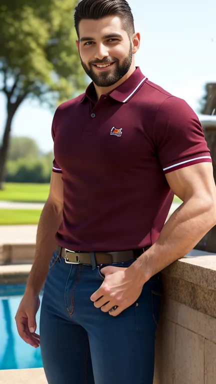 Handsome muscular man with a beard , Strong and muscular legs, large lump, artwork,  smiling,  Super sexy in burgundy jeans and polo shirt with black stripes Ultra realistic masterpiece of 8k Great detail next to a fountain Super muscular , sexy ,  in the ...