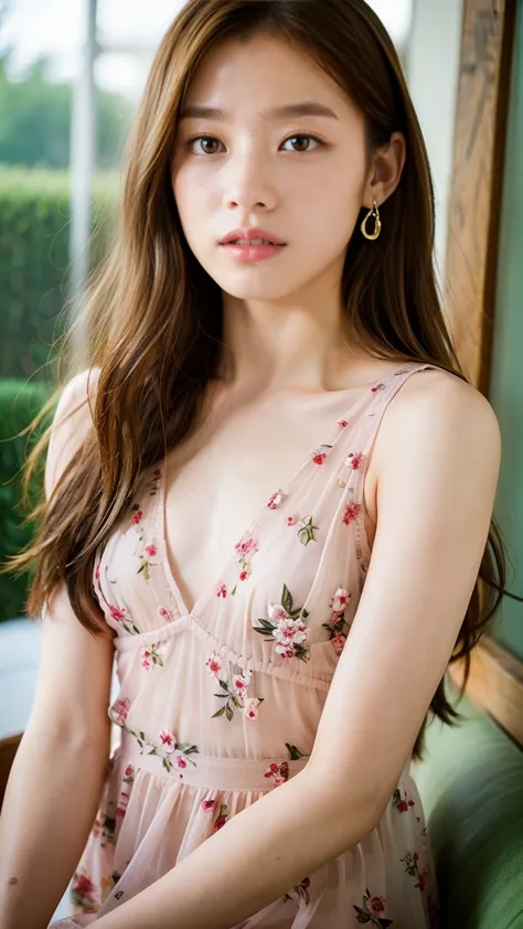 (Highest quality、8k、32K、super high definition:1.3)、 pro pics、cool actress、Sexy belly button、 heavy makeup、(Goddess of Beauty)、Beautiful girl model、complicated details、(( floral dress、Sheer dress))、(long blonde hair:1.3)、(Beautiful Bangs、 and slight noise e...