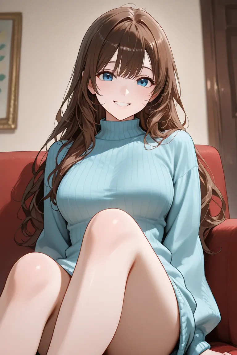 Caucasian girls,  thin, B cup breasts. blue eyes.  long wavy hair, dark brown,  long open bangs . Just wear a blue sweater.  smiling. Sitting with her legs wide open .