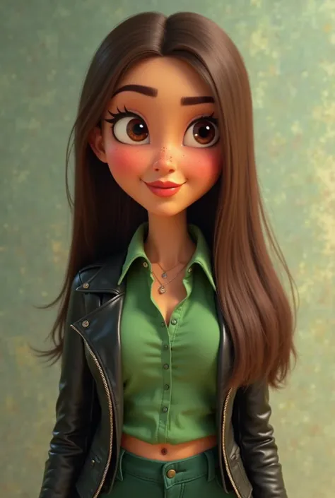 contemporary Latin woman with straight long brown hair, Test Trigueño Claro, beautiful, kawai pixar almond-shaped and slanted eyes, Semi thick lips small but puckered nose, very defined expressive eyebrows with apple green blouse and pants and black jacket...