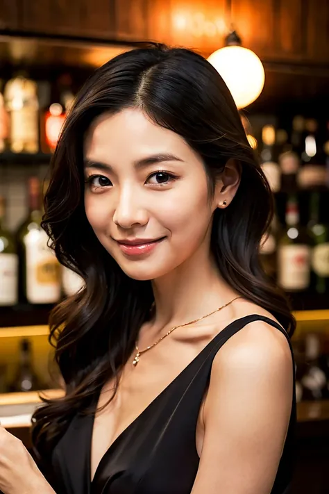 A sexy 35-year-old Japanese woman with an alluring gaze and a soft, teasing smile. Her long, wavy black hair cascades over her shoulders, with one strand gently tucked behind her ear. She wears a form-fitting black satin dress with a subtle slit, revealing...