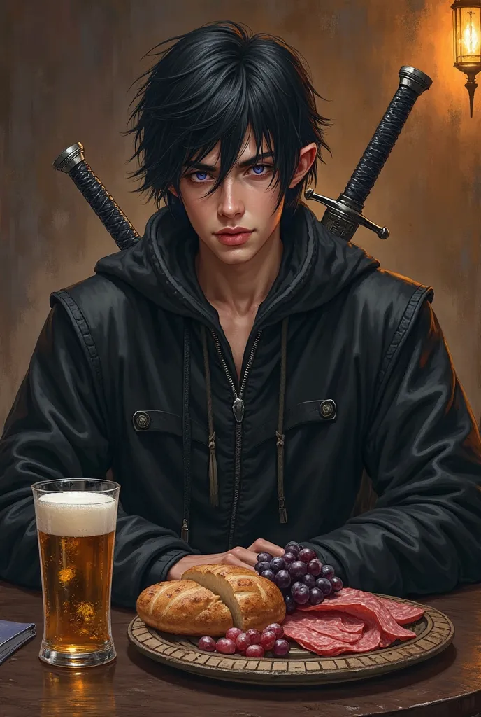 a character from Dungeons and Dragons, half-elf, rogue, black hair violet eyes, BACKGROUND DRESSED IN BLACK, two daggers draped around his back, male sex, short hair, excriminal, Elf traits,  very short hair,  20 year old, wearing more casual clothes loung...