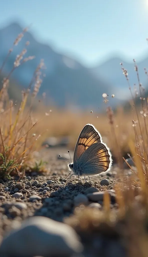 In a blue steppe, between snow-covered mountains, a small gray butterfly slowly flapping its wings, hovering in soft light. It finds a suitable location on moist soil and begins to lay eggs. close-up camera , records each tiny egg, glittering reflecting th...