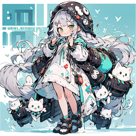 from under a hooded jacket with kitties on it， hooded hoodie，Hooded，young characters with grayish hair from a slightly aerial perspective,hair clip，green eyes，geometric pattern background composed of pastel colors,Detailed and colorful background， One girl...