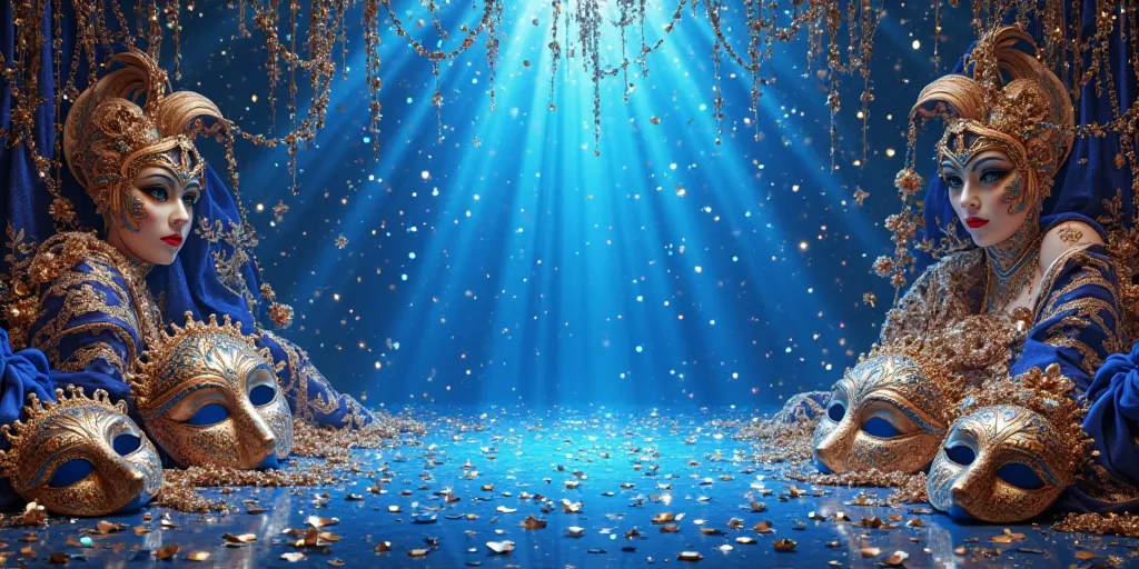 Sparkling Blue Stage With Golden Confetti And Venetian Mask Background