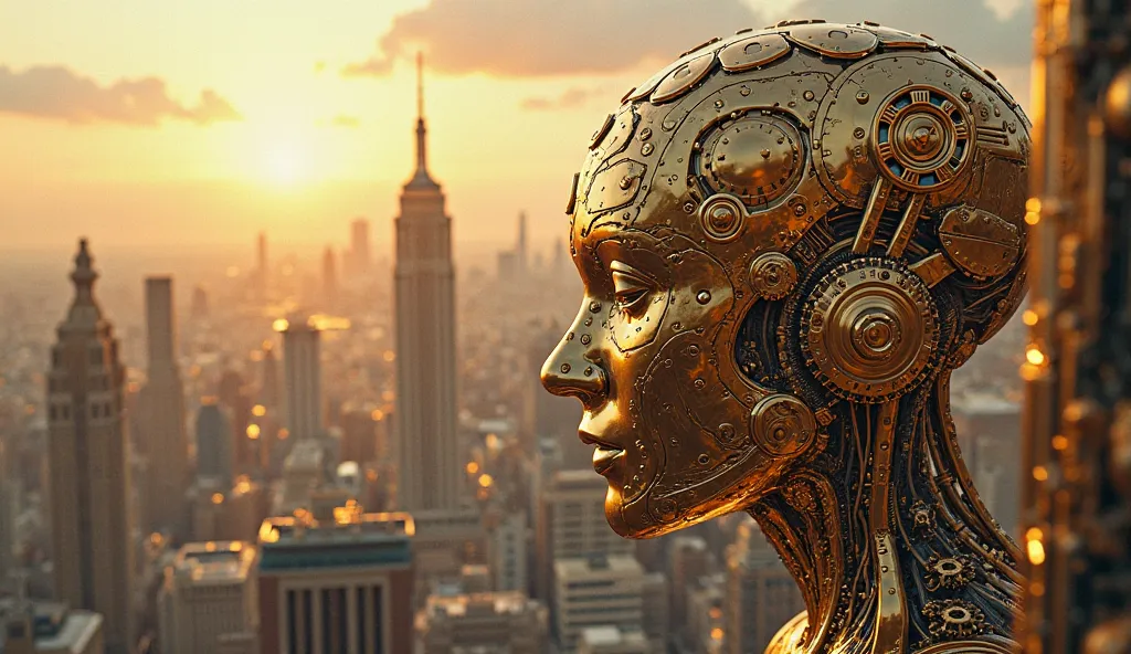 "Human brain made of golden circuits and, gears projecting an urban landscape full of skyscrapers and bright sun, futuristic steampunk style ."