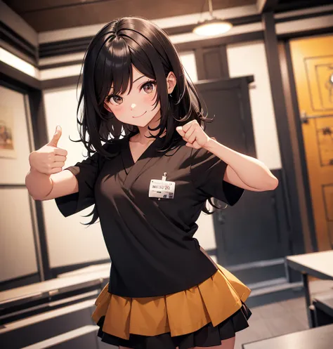 medium hair, shoulder length, black hair, hair between eyes, looking at the camera, short-sleeved shirt, mini skirt, thumbs up, smile, happy, in the room, 15years old, cowboy shot, brown eyes, japanese