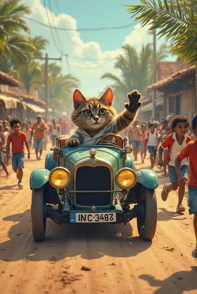 The Cat Man Driving Through the Village**
- **Scene**: The CaT drives his motor car through the same poverty-stricken road where he once swept dirt. Passers-by who once laughed at him now wave and cheer. ren run alongside the car, excited. The Cat  waves b...