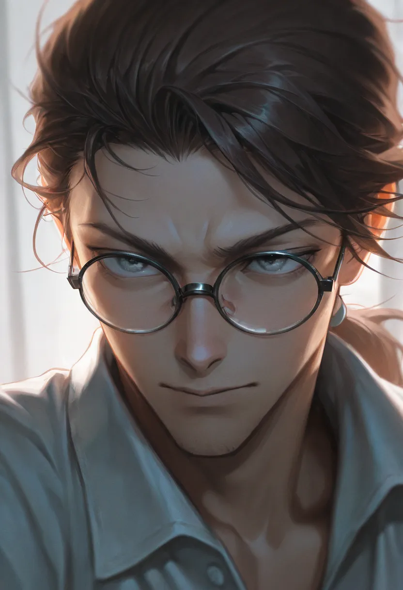 masterpiece, score_9, score_8_above, score_7_above, score_6_above, masterpiece, portrait, 1male, solo, sharp gaze, silver eyes, brown hair, long hair, ponytail, round glasses, scientist outfit,  L0LSPL4SH