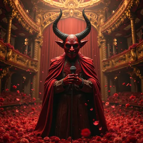 Red devil wearing a mask of a nice guy and holding a mic on a opera theater and the floor is full of flowers that people are throwing 