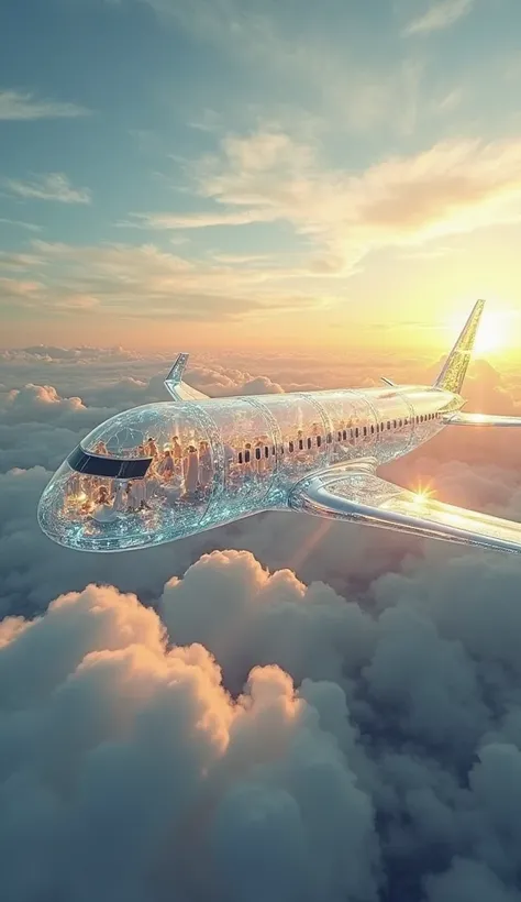 A majestic, futuristic crystal airplane glides effortlessly through the heavens, high above a vast sea of billowing white clouds. The entire aircraft is made of transparent, glass-like material, revealing its intricate interior where passengers in flowing ...