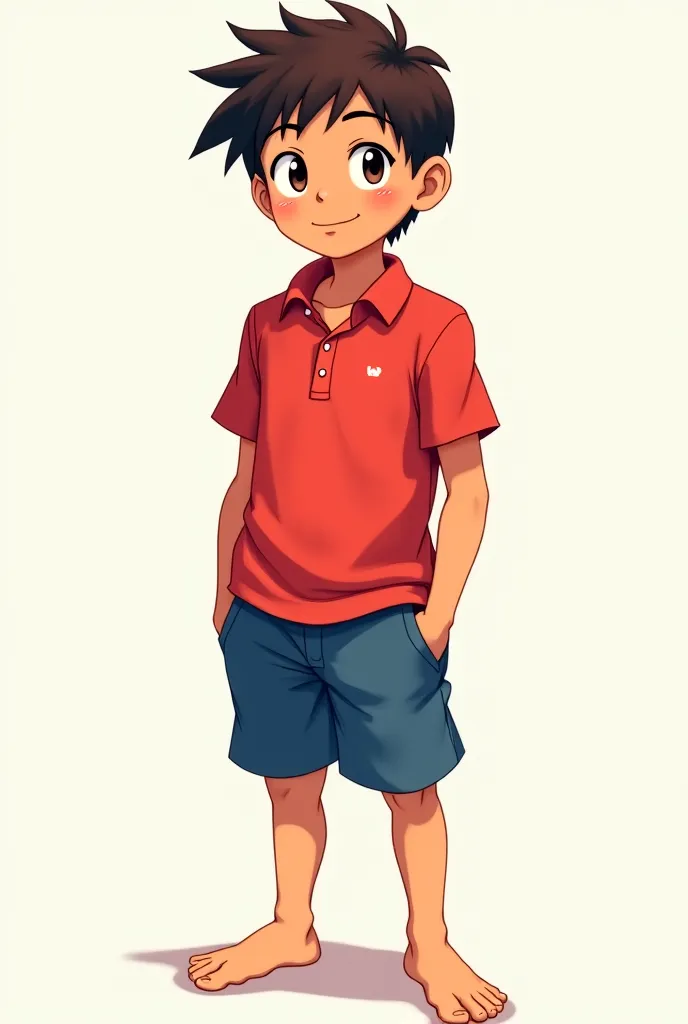 Generate a  anime boy in a red polo shirt and blue shorts and bare feet and brown skin