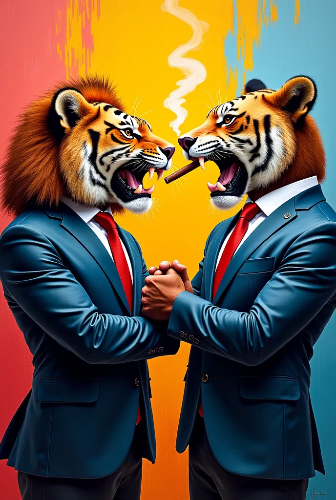 3 different animals Lion,tiger,bear all fighting each other wearing suits and one with a cigar they are all business men with a colorful bright background  with different color paint splash accross the painting lion should have lion face tiger should have ...