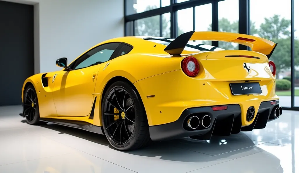 Spoiler back left side view of painted yellow  with shiny colour 2026 Ferrari 599 GTO sleek in large shape sedan in large size with Ferrari logo on its large detailed grille in shiny White colour with angular sporty design captured from close spoiler back ...