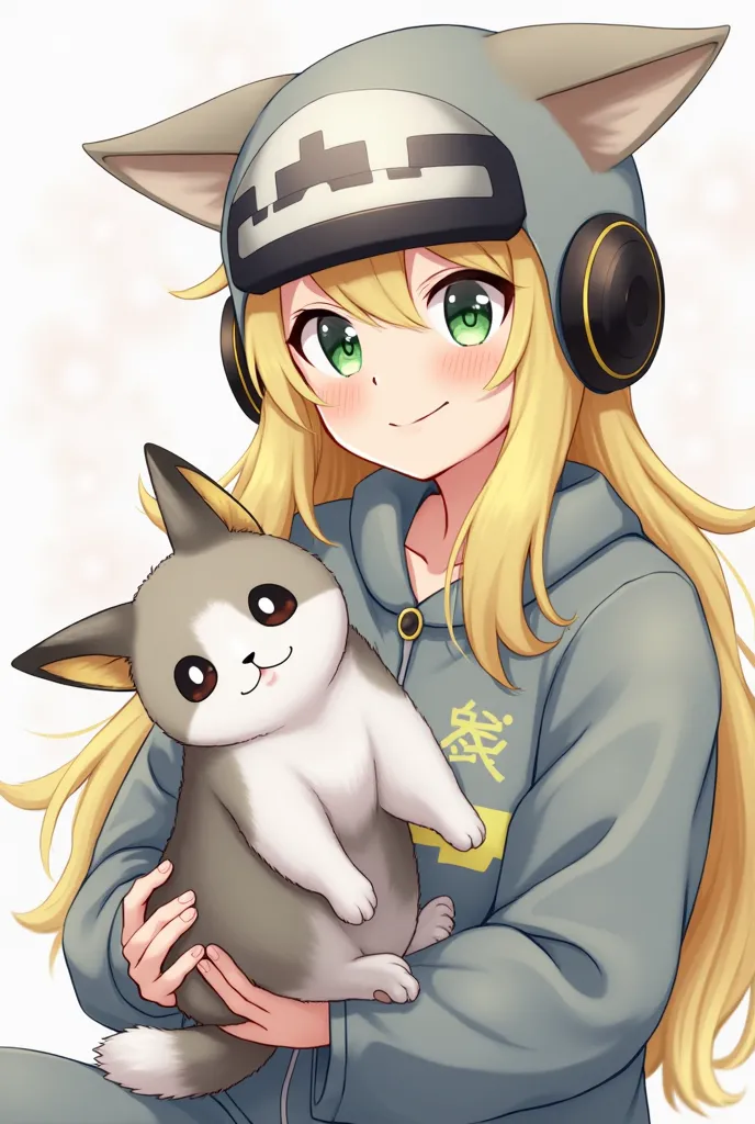 Personnage animé aux cheveux blonds et longs portant un casque gaming, faisant un clin d’œil avec ses yeux verts, vêtu d'une combinaison pyjama d'Ectoplasma (Pokémon) et tenant dans ses bras Yuumi, un chat sibérien au pelage gris et blanc abondant, coiffé ...