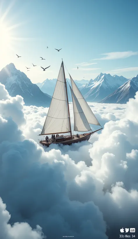 This image depicts a surreal scene where a sailboat is sailing through the clouds, giving the impression that it is floating in the sky. Above the sailboat, there are several birds flying, and in the background, there are majestic mountains partially obscu...