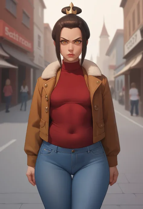 Azula, amber eyes. wavy dark brown hair strands above her shoulders. small breasts. huge hips. chubby. |   trimmed jacket, tsirt. jeans, cowboy shot, dutch angle, public indecency, nonchalant, solo focus,
