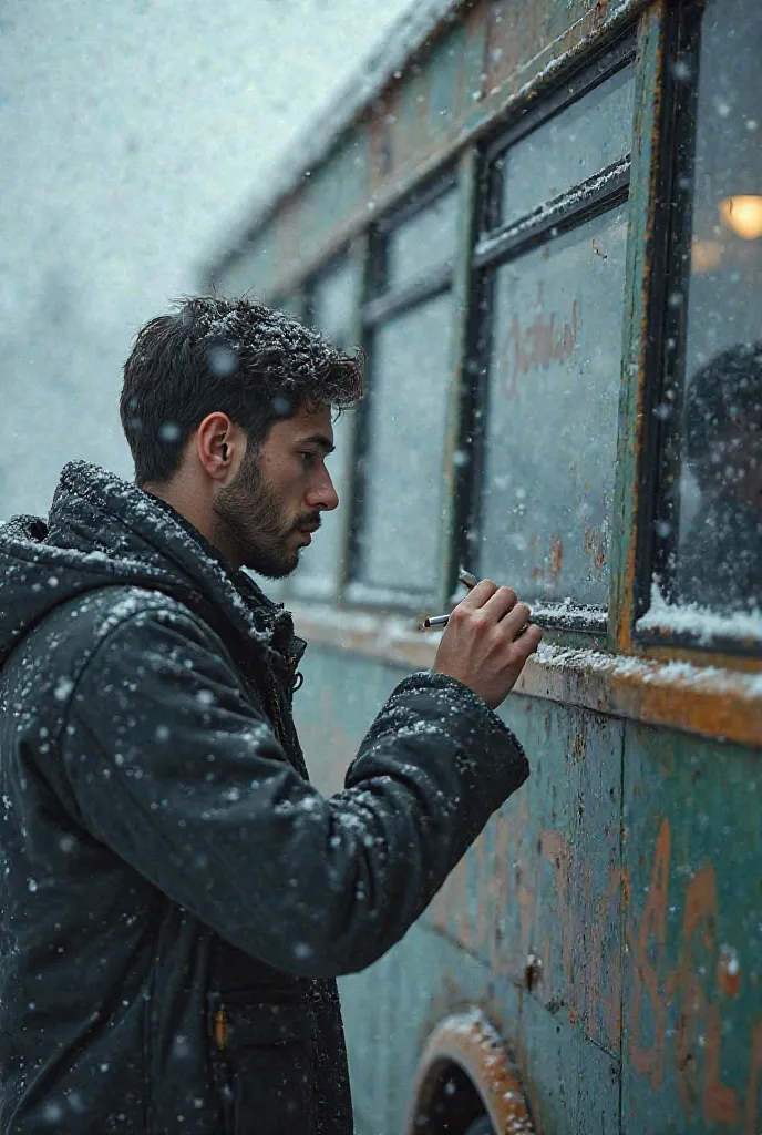 Istanbul bus terminal. Sad young man writing istanbul on bus under snow sending his lover 