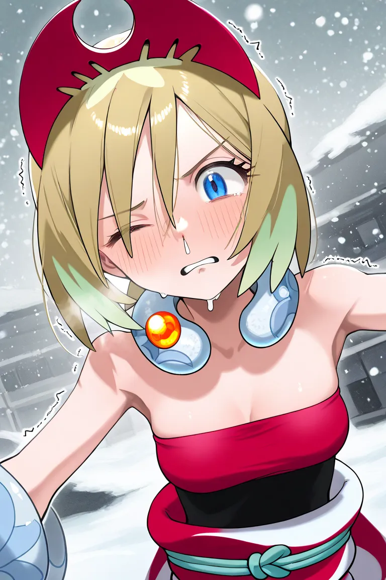 Pokemon Irida, Snowy mountain in a snowstorm、 distribution screen for VTuber、White smoke、A cold look、Smiling、 is wearing a peace sign、 teary eyes in the store、 is pointing down、is cold and one eye is closed、squinting、snot、white lashes、it's snowing、blond ha...