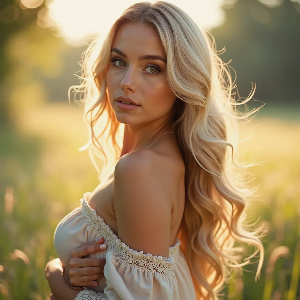 - I want a full-body portrait
- 20-year-old woman
- Long champagne blonde hair
- Natural movement
- Oval face
- Delicate features
- High-quality professional portrait 
- Detailed facial features
- Natural expression
- Peaceful pose
- Outdoor natural settin...