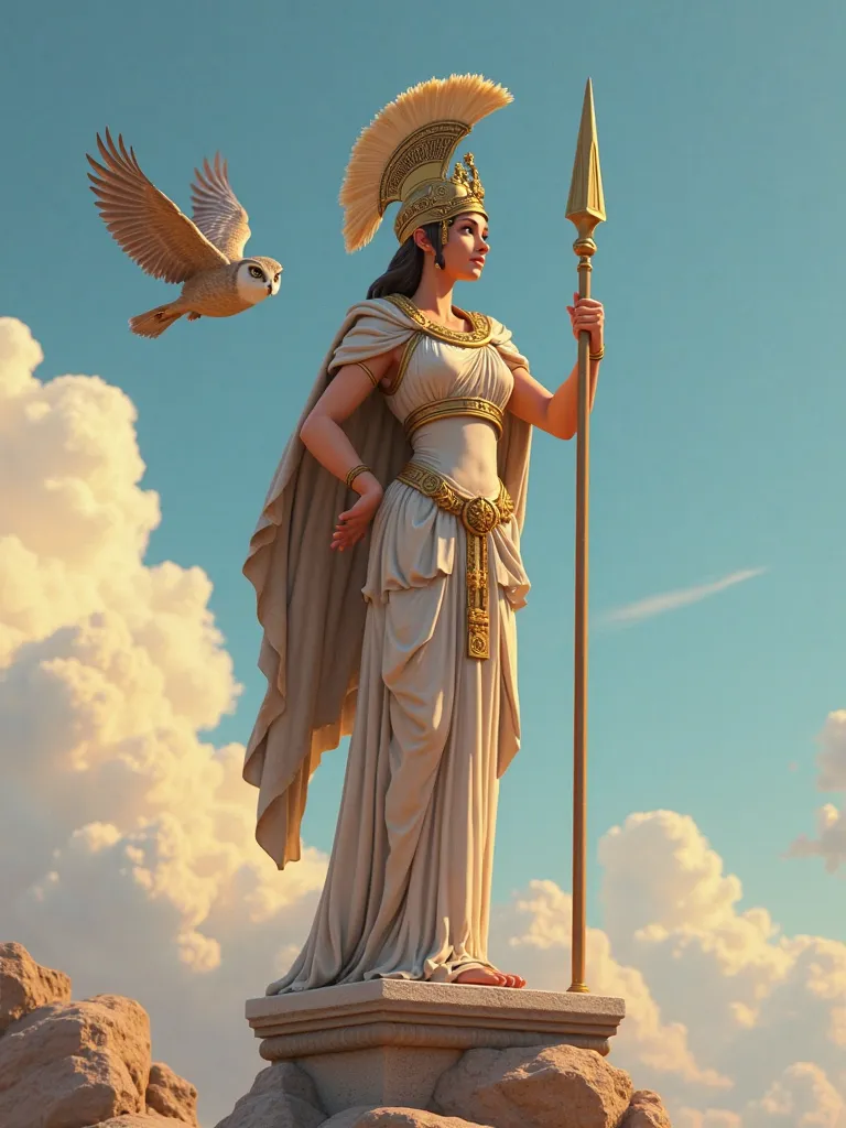 Athena standing tall. Style is Disney-Pixar. She is shown in monumental perspective, wide at the base and small at the top. An owl flies to her. She wears a tall crested corinthian helmet with a J shaped crest and carries a spear and an aspis. Her spear is...