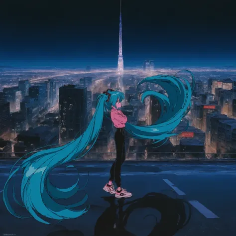 1girl, Hatsune Miku, 90s, city neon pop, Tokyo, night, dark, aesthetic, very aesthetic, outdoors, dynamic pose, melancholic, (masterpiece 1.2), best quality, artwork, intricate details, very aesthetic, absurdres, 4K, 8K, top on pixiv, ultra detailed, amazi...