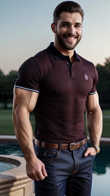 Handsome muscular man with a beard , Strong and muscular legs, large lump, artwork,  smiling,  Super sexy in burgundy jeans and polo shirt with black stripes Ultra realistic masterpiece of 8k Great detail next to a fountain Super muscular , sexy ,  in the ...