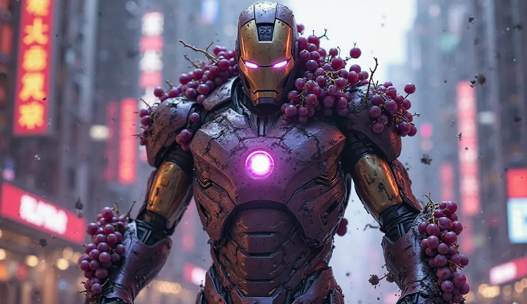 A terrifying hybrid creature stands menacingly in the futuristic city, a monstrous fusion of Iron Man and grapes. Its armored body is covered in sleek, metallic plating, but patches of its form are replaced by clusters of dark purple grapes, some crushed a...