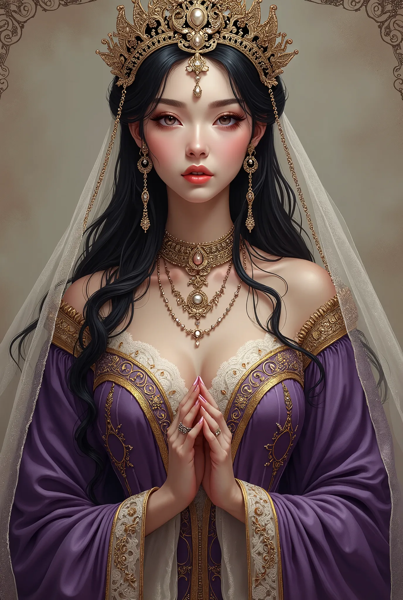 Create a detailed fantasy illustration featuring an elegant figure inspired by ancient royalty. She wears an ornate, jeweled headpiece that cascades down over her forehead, with delicate chains draping gracefully around her face and neck. Her long, dark ha...