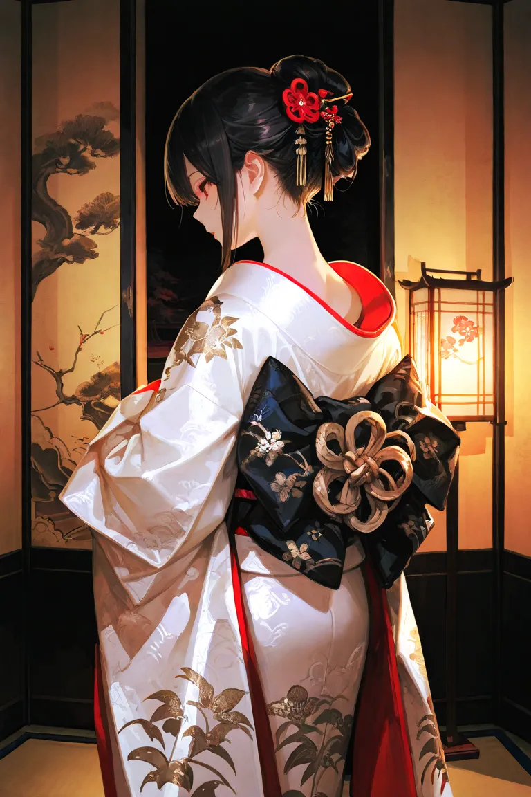 A beautiful courtesan from the Edo period, seated gracefully in a traditional Japanese room. She wears an elaborate low-set Shimada-mage hairstyle, known as Nage-Shimada, adorned with two tortoiseshell combs, multiple golden and red hairpins, dangling bira...