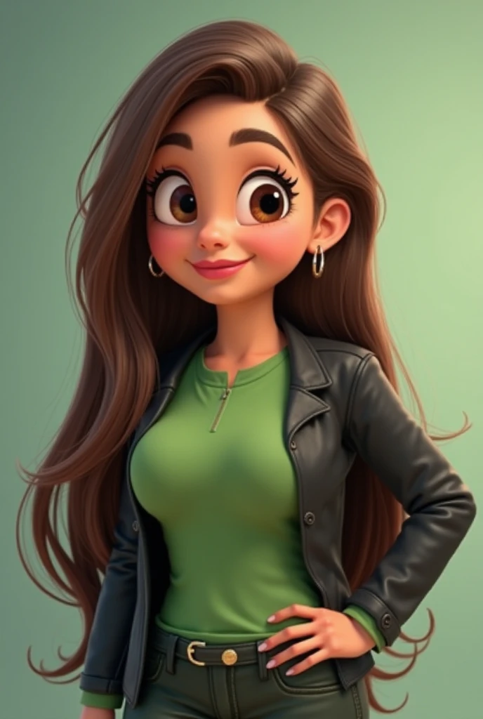 Fat contemporary Latin woman with straight long brown hair, Test Trigueño Claro, beautiful, Kawai Pixar almond-shaped and slanted eyes, Semi thick lips small but puckered nose, very defined expressive eyebrows with cheerful green blouse and pants and black...