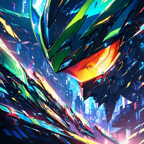 High resolution, environment dark city, Close angle, Green Mecha Bird, dramatic lighting, digital painting, vivid colors, anime atmosphere , fantasy style 