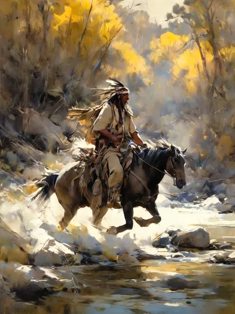 Native American on horseback near a river, High resolution,  palette-reffine. tall details , American plane, Action painting, 