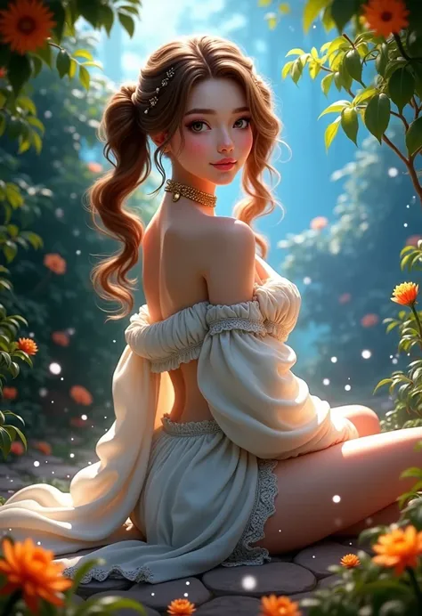 masterpiece, best quality, highly detailed, 1girl, solo, twintails, off-shoulder sweater, choker, large glasses, gold locket, jacket, hairband, looking at viewer, smile, blush, Wide Smile, Eyes Detailed & Wide, sexy Pose. Ultra HD, Rococo-Inspired Fantasy ...