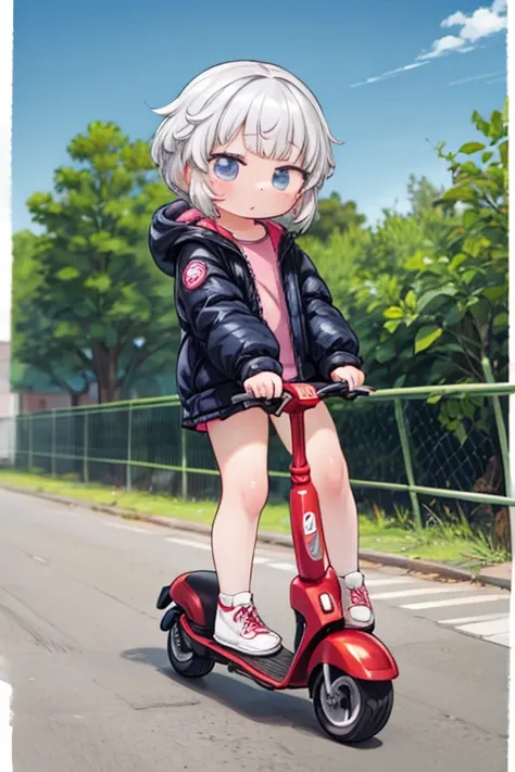 cute girl，     Anime Girl  ，Ride a small scooter，   Hi-Res   ，spring，   down jacket ，   exhaustive, 32K，